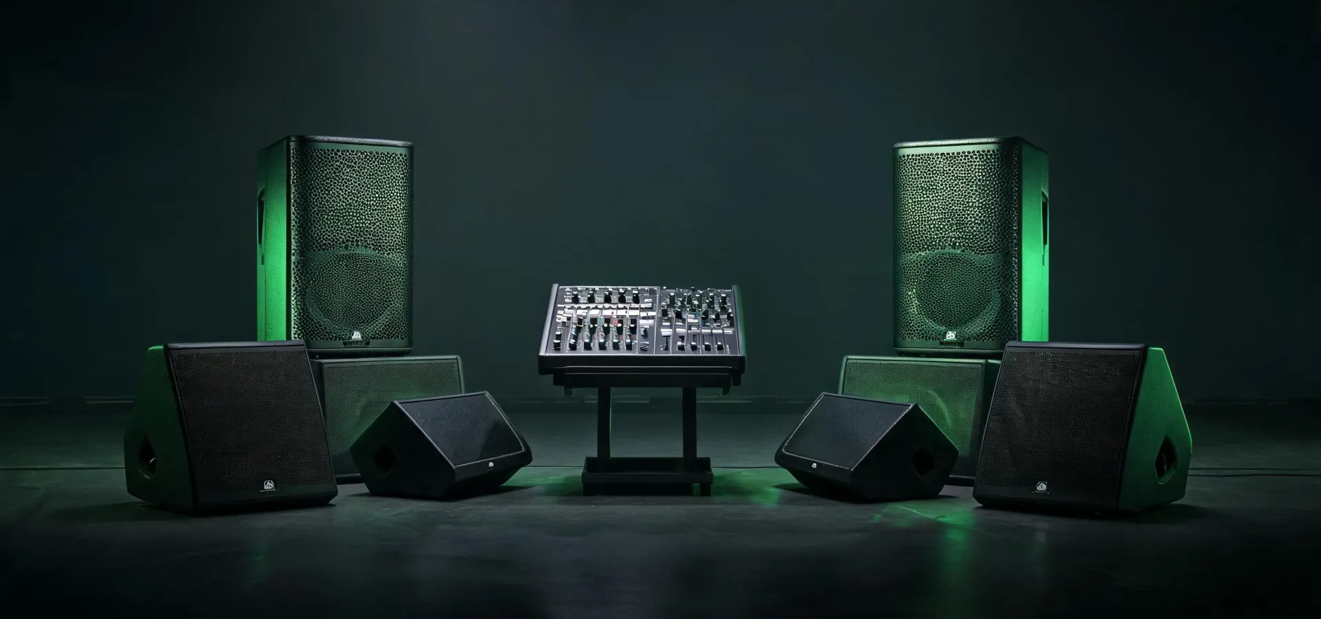 Mackie loudspeaker system over a lively stage