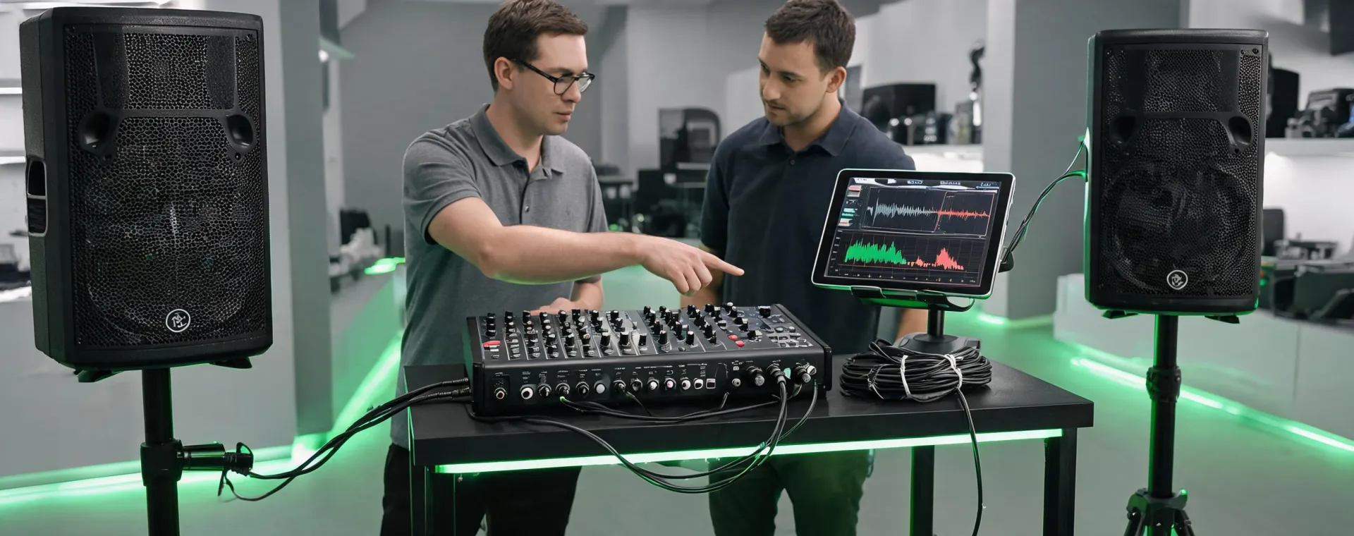 Mackie system support desk and stage setup